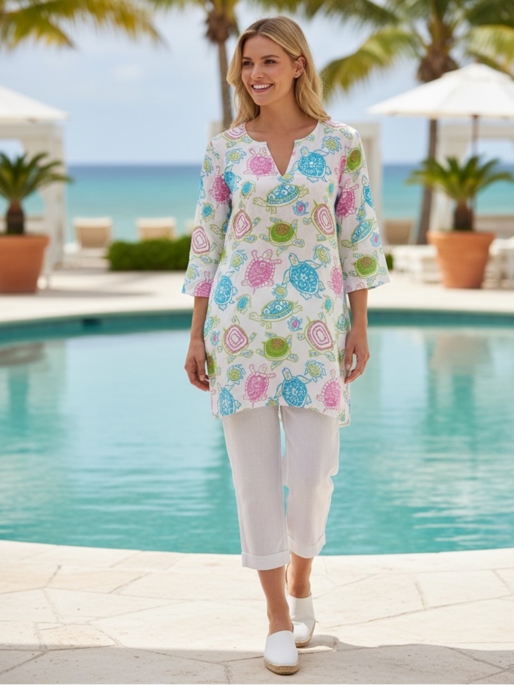 Gretchen Scott Coastal Turtle Print Vacation Resort Beach Colorful Tunic Top S - Picture 1 of 8